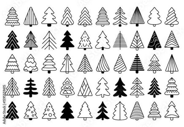 Fototapeta Collection of forty two stylized christmas trees in various shapes and patterns arranged in rows and columns