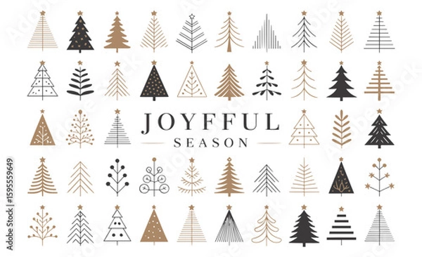 Fototapeta Collection of stylized christmas trees in various designs and colors with a joyful season message centered