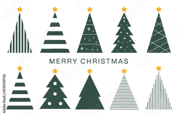 Fototapeta Illustration of ten christmas trees with different designs and a merry christmas text in the middle