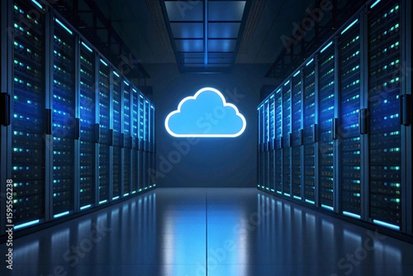 Fototapeta Illuminated server room with a glowing cloud icon hovering above the server racks and a tiled floor