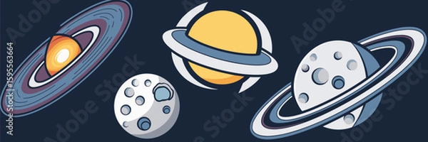 Obraz Intergalactic icon set with orbiting galaxy, moon, and celestial body with rings