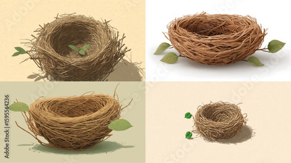 Fototapeta Four bird nests with green leaves, symbolize nature, springtime, new beginnings a collage.