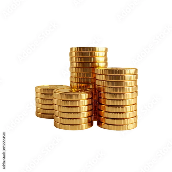 Fototapeta Stacks of shiny golden coins show wealth and abundance on transparent background