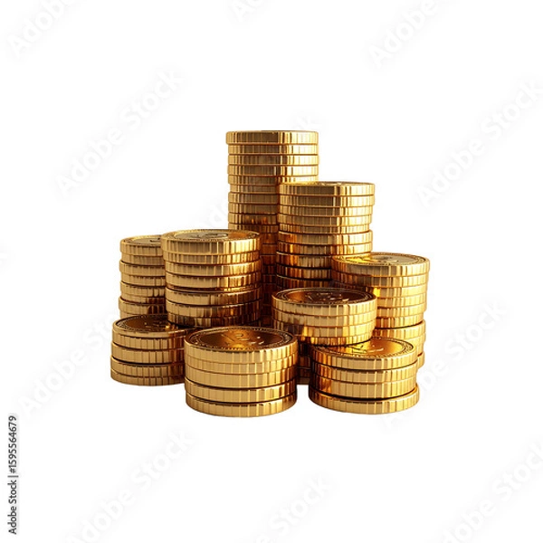 Fototapeta Shiny golden coin stacks, representing financial wealth and value on transparent background