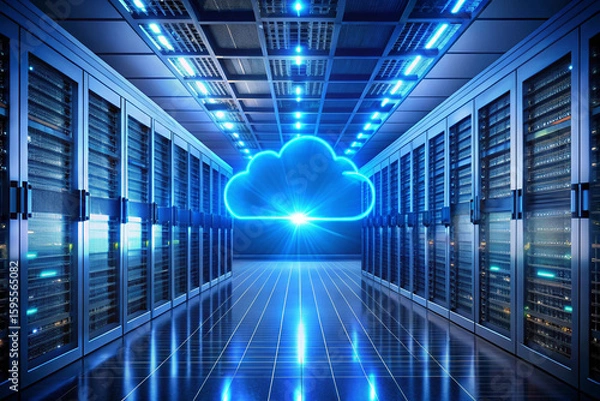 Fototapeta A server room with rows of servers and a glowing cloud symbol in the middle of the hallway space
