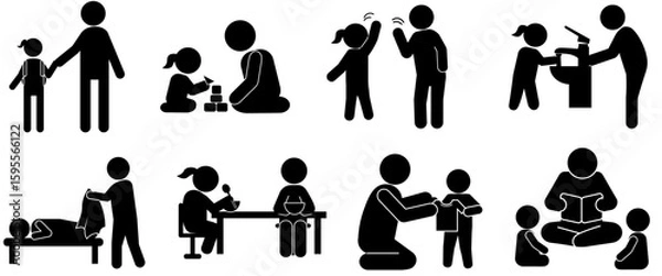 Obraz 家庭での子育てシーンを描いた親子のシルエットイラストセット