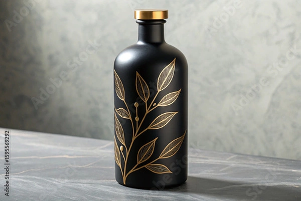 Fototapeta A black bottle with golden leaf design and a golden cap on a dark surface with plant decoration