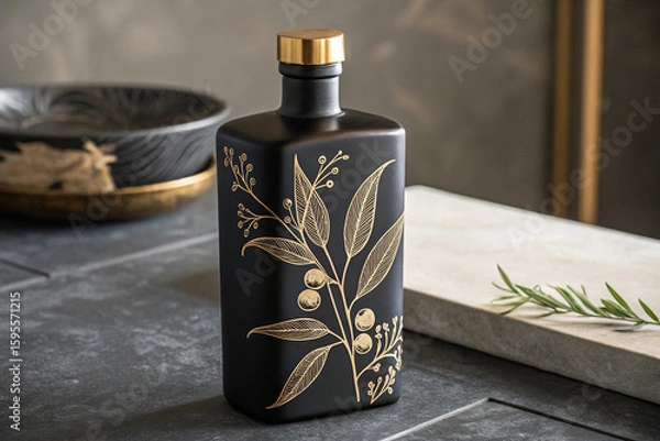 Fototapeta A black bottle with gold botanical design sitting on a counter with a bowl and rosemary sprig