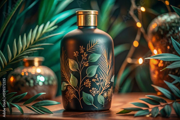 Fototapeta A dark bottle with gold floral design surrounded by greenery and warm lights on a wooden surface