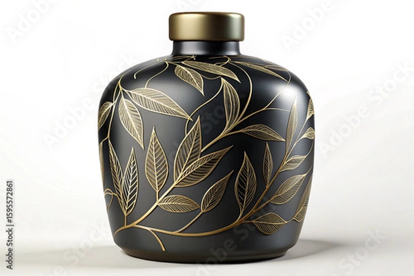 Fototapeta A black vase with golden leaf design and a golden cap on a white background in a studio setting