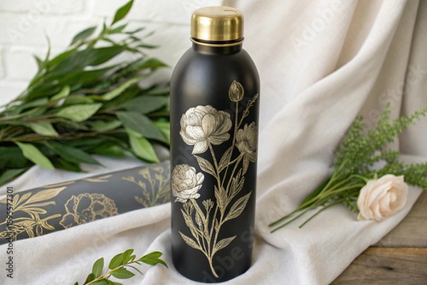 Fototapeta A black floral water bottle with a gold lid sitting on a white cloth with greenery around it near wood