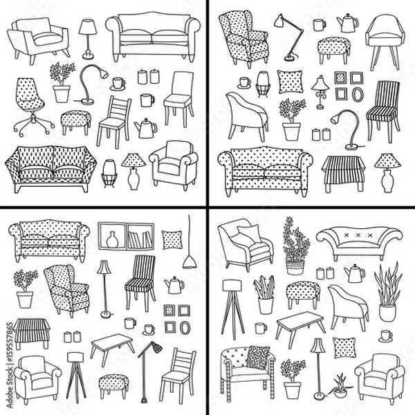 Obraz Vector set of furniture of living room. Four variants. Hand-drawn illustration