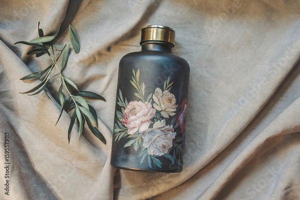 Fototapeta A dark bottle with floral design and gold cap on a beige fabric with a green branch on the side