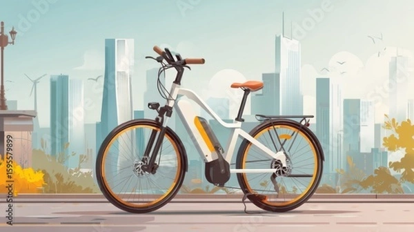 Fototapeta Modern Electric Bicycle in Urban Setting with Skyline and Greenery