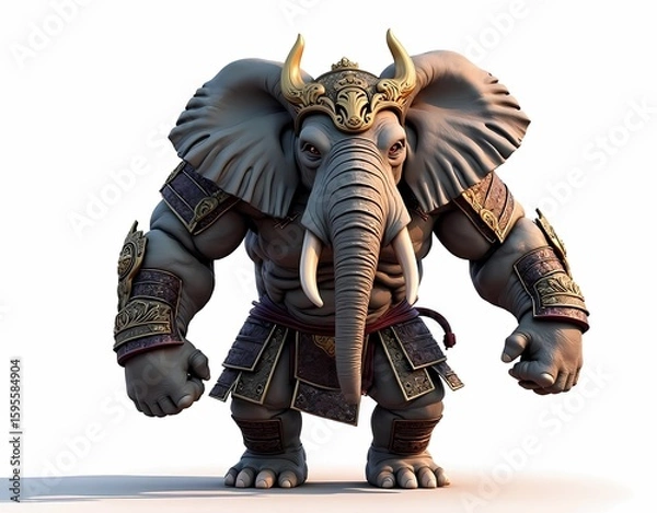 Fototapeta illustration of a muscular elephant wearing samurai armor isolated on a white background.