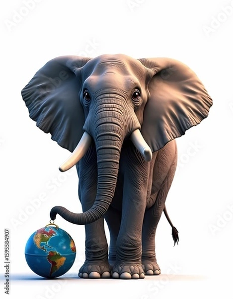 Fototapeta standing elephant playing with globe isolated on white background.