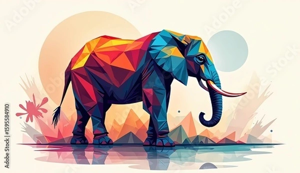 Fototapeta Abstract orange and blue geometric elephant illustration on abstract multi-colored geometric background. Generate AI