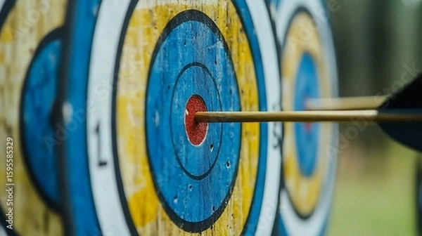 Fototapeta An arrow embedded precisely in the center of a target.