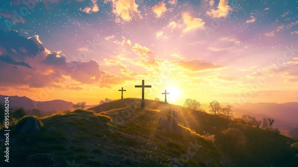 Fototapeta Crosses on a Hill at Dusk with Dramatic Sky