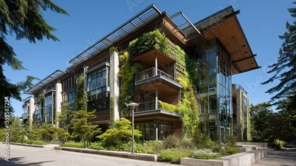 Fototapeta Modern Sustainable Office Building with Green Facade in Urban Setting