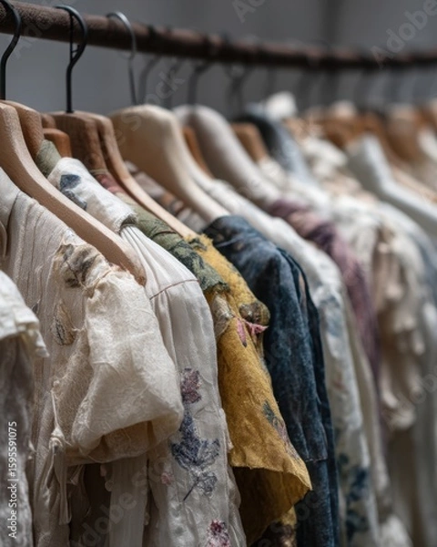 Fototapeta Vintage Fashion Collection on Rustic Wooden Hangers in Soft Lighting