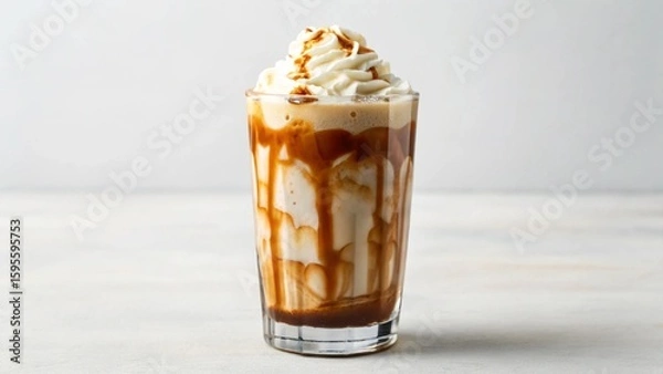 Fototapeta Decadent caramel frappe or milkshake, generously topped with whipped cream and drizzled with rich caramel sauce, perfect for sweet treats and dessert menus.

