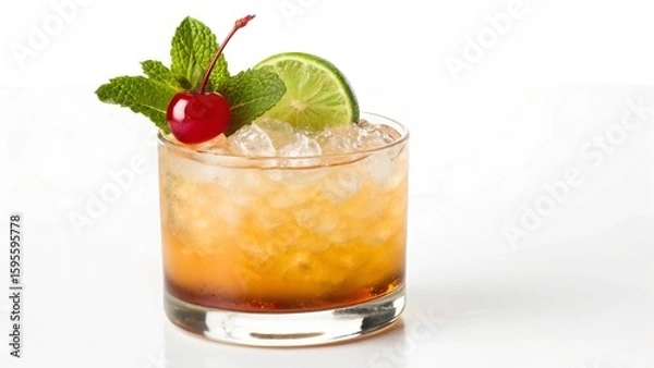 Fototapeta A classic amber-colored cocktail, served over crushed ice in a stylish glass, exquisitely garnished with fresh mint, a vibrant lime slice, and a maraschino cherry. Perfect for refreshing summer drinks