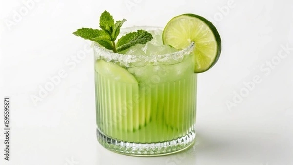 Fototapeta A zesty lime-green beverage, featuring a frosted rim and a fresh sprig of mint, with lime wedges submerged in the ice. Ideal for healthy drinks, detox, or natural ingredient themes.

