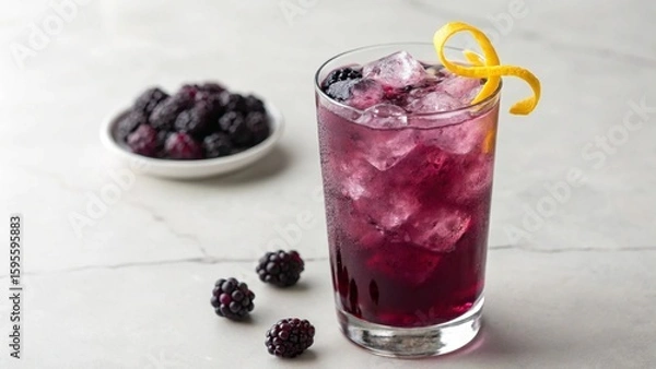 Fototapeta Vibrant purple iced drink, garnished with an elegant lemon twist, and accompanied by a small bowl of ripe blackberries, suggesting a fresh and invigorating beverage. Ideal for culinary and lifestyle.
