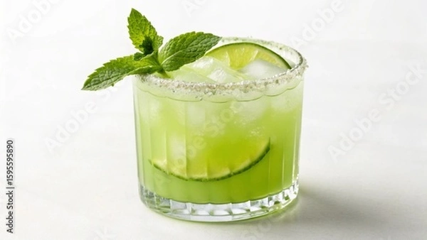 Fototapeta Vibrant green cocktail, possibly a margarita or mojito, served over ice in a sugar-rimmed glass, garnished with fresh mint and a lime slice. Perfect for refreshing summer drinks and party themes.

