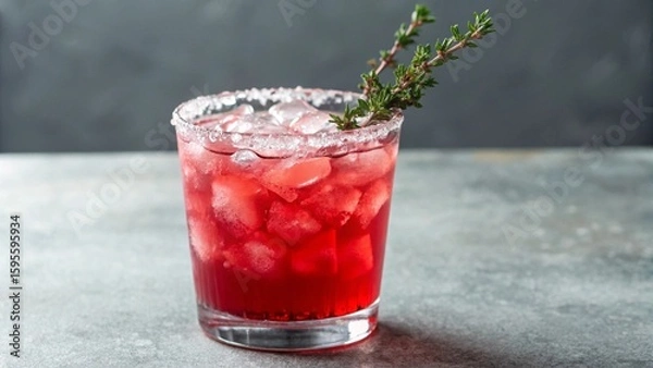 Fototapeta Vibrant red cocktail garnished with fresh thyme and a sugar-rimmed glass, filled with ice on a modern gray background. Perfect for beverage, party, or recipe visuals.

