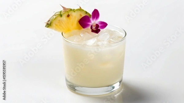 Fototapeta A refreshing tropical cocktail, served in a clear glass filled with ice and elegantly garnished with a fresh pineapple wedge and a vibrant purple orchid, set against a pristine white background