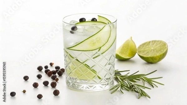 Fototapeta A refreshing gin and tonic cocktail, beautifully presented in a textured glass with ice, garnished with fresh cucumber slices and juniper berries, alongside whole limes and rosemary sprigs