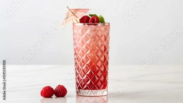 Fototapeta A vibrant raspberry cocktail, served in a stylish textured glass filled with crushed ice and garnished with fresh raspberries, a mint sprig, and a charming pink umbrella, set against a clean white