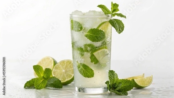 Fototapeta A vibrant and refreshing mojito cocktail, brimming with crushed ice, fresh mint leaves, and lime wedges, stands on a bright white surface
