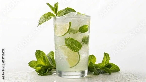 Fototapeta This crisp and inviting image features a classic mojito, garnished generously with lush mint sprigs and zesty lime slices, showcasing its invigorating qualities against a clean