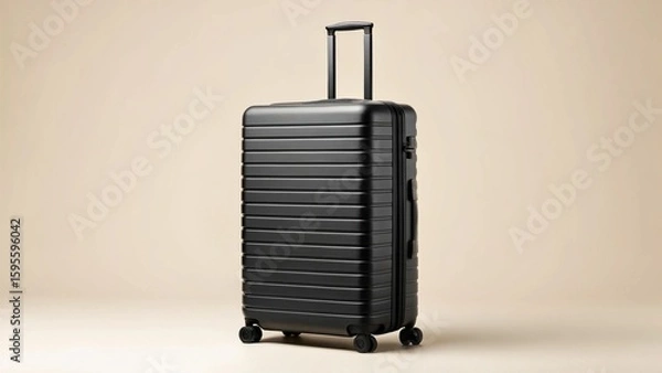 Fototapeta Isolated on a neutral background, a robust black hardside luggage piece with horizontal ridges and an extended handle awaits its next adventure, symbolizing preparation and exploration.

