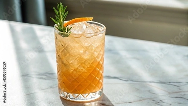 Fototapeta This vibrant, iced alcoholic beverage in a textured glass features a beautiful combination of citrus and herbal garnishes, casting a tempting glow on a bright, upscale surface