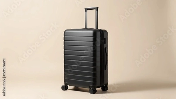 Fototapeta A sleek, modern black hard-shell suitcase stands ready for travel, featuring a telescopic handle and smooth-gliding wheels. Perfect for business trips or leisure getaways.

