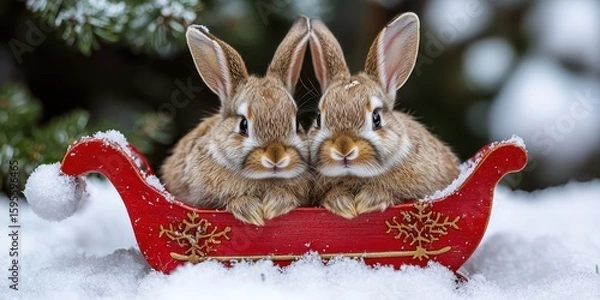 Obraz Christmas pet photo shoot concept. Cute rabbits in a sled surrounded by snow.