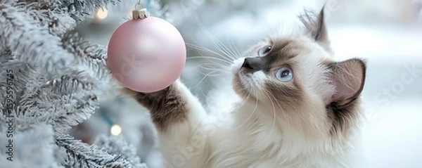 Obraz Christmas pet photo shoot concept. A cat reaching for a pink ornament on a snowy Christmas tree.