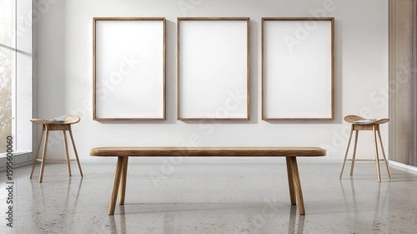 Fototapeta Empty picture frames and wooden furniture in a modern room.