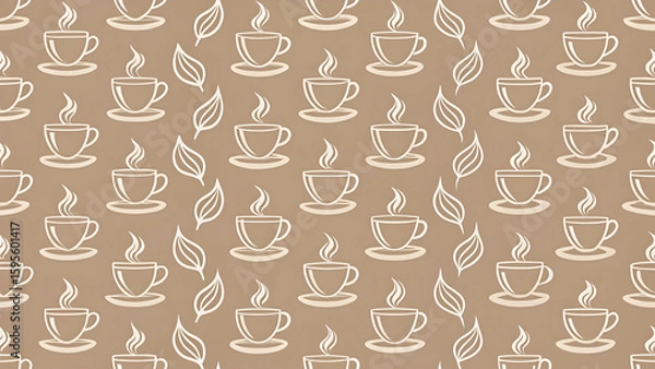 Fototapeta Coffee Cup and Leaf Pattern on Light Brown Background for Decor