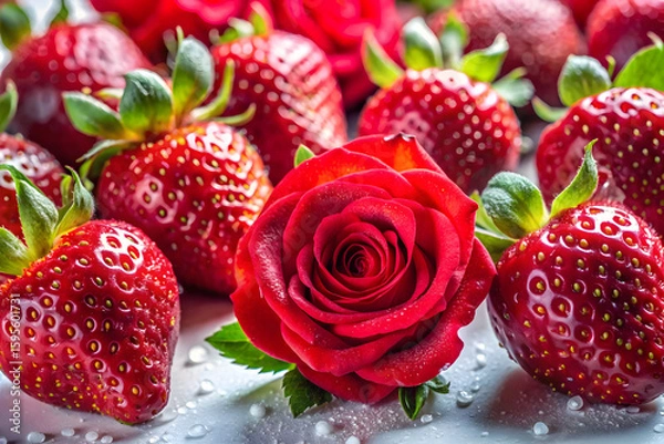 Obraz Fresh Strawberries and Red Rose on Wet Surface for Romantic Decor