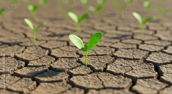 Fototapeta Green plants sprout from cracked earth. Drought, climate change, agriculture, eco concepts. Symbol of resilience, life, growth against hardship. Environment, conservation, nature comeback.
