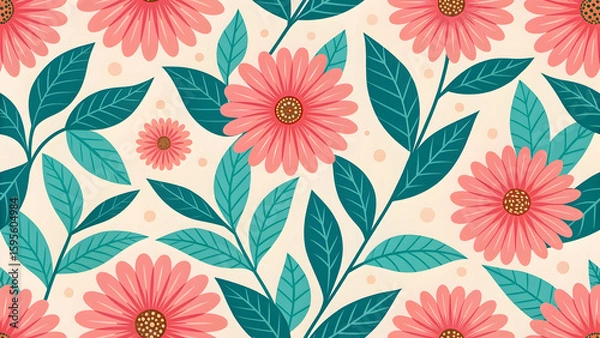 Fototapeta Seamless Pink Floral Pattern with Green Leaves on Soft Beige Background,