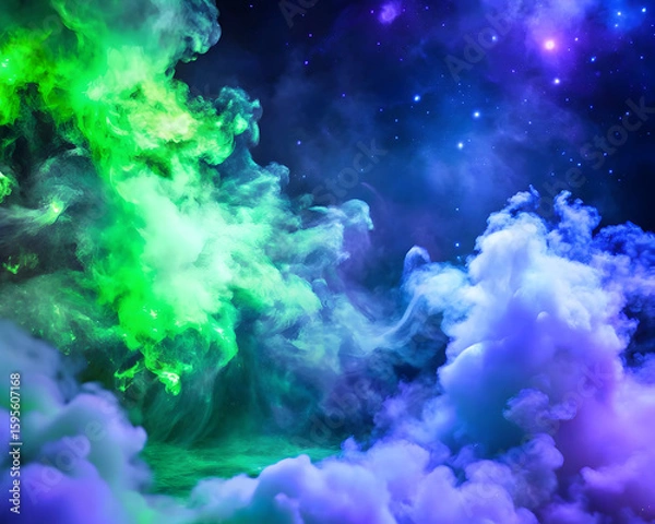 Fototapeta Colorful Space Nebula with Stars in Purple, Green, and Blue Tones