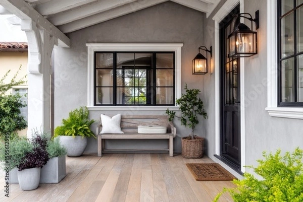 Fototapeta Cozy front porch featuring a rustic bench, potted plants, and outdoor lighting in a tranquil residential setting during a sunny day