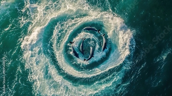 Fototapeta Aerial view of dolphins swimming in a circular formation, creating swirling patterns in the ocean water.