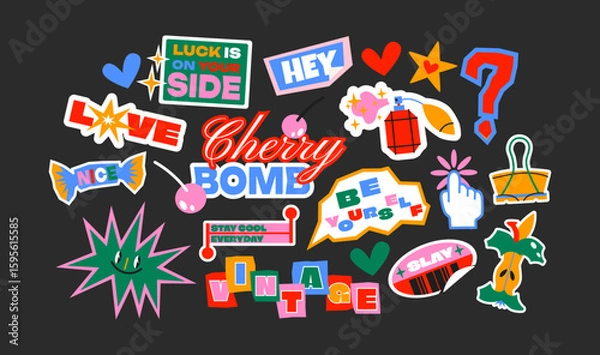 Fototapeta Futuristic y2k patches, labels, tags, stickers, bracelet stamps in retro style. Cartoon stickers in funky hipster groovy grunge 90s style. Vector set, trendy promo labels